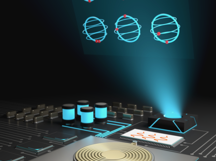 Artistic impression of an on-chip microwave source controlling qubits. Source: Visual design by Aleksandr Kakinen (2021).