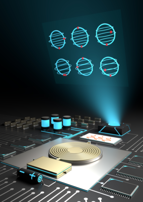 Artistic impression of an on-chip microwave source controlling qubits. Source: Visual design by Aleksandr Kakinen (2021).